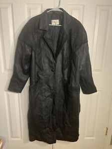 Vintage Women’s XL 100% Leather Black  Floral Long Trench Coat Duster Studio C