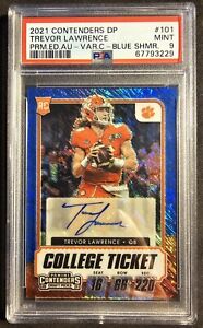 2021 Contenders Trevor Lawrence College Ticket Auto Blue Shimmer # /27 PSA 9