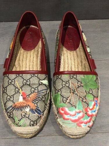 Authentic Gucci Flora Print Coated Canvas Leather Slip On Espadrilles Size 38.5