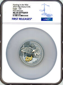 2023  Ghana Hunting in the Wild Eagle Gilt NGC 70 FR 50g Silver Coin