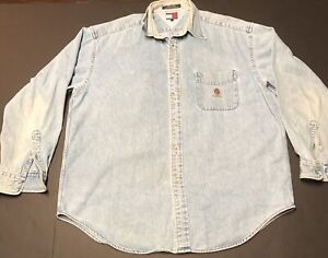 VINTAGE Tommy Hilfiger Button Up Shirt LG Blue Crest Denim Jean Men 90s F22