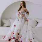 3D Flower Wedding Dresses Sweetheart Puff Sleeves A-line Tulle Bridal Gowns
