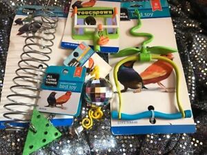 LOT OF 5 BIRD TOYS-MILLET HOLDER-TOUCHDOWN STAND--PLAY DISCO BALL-WOOD TRIANGLE-