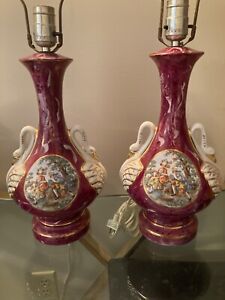 2 Vintage Victorian Painted Marble Swirl Table Lamp With Figural Swan Handles