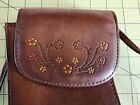 FLAWED-VTG Fossil Crossbody Purse/Wallet-Brown Leather Embossed/Painted Flowers