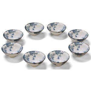 US Seller - Blue & White Bird and Flower Motif Chinese Porcelain Tea Cups