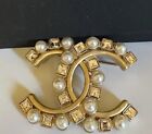 Authentic CHANEL CC Logo Pearl And Crystal  Pin Brooch Gold