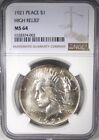 Blue Chip Eye Appeal 1921 Silver Peace Dollar Key Date NGC MS64 AN777