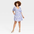 Women's Balloon Short Sleeve Mini Wrap Dress - A New Day Blue Print 2X