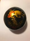 Oriental Trinket Box Black Lacquer Hand Painted Round Wood with Koi Fish