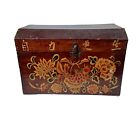 Antique Chinese Wooden Tea Box / Wedding Chest Handpainted Koi Fish & Flowers