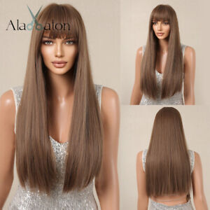 Long Straight Wigs Human Wigs Ombre Brown Full Hair Wigs with Bangs Dark Root