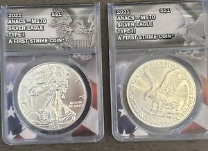 2021 ANACS MS70 Silver Eagle Type 1 and Type 2 First Strike Set