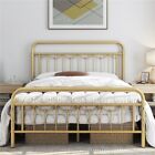 Twin/Full/Queen Metal Bed Frame with Vintage Headboard and Footboard Gold/White