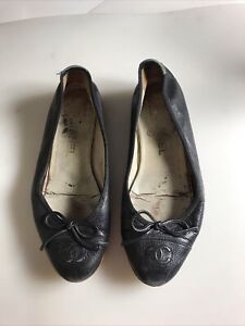 Chanel Ballet Flats Size 36 Cap Toe CC Graphite Soft Leather Ballerina Shoes