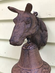 VINTAGE CAST IRON HORSE HEAD BELL WALL MOUNT  UNIQUE ABOUT 9” Tall