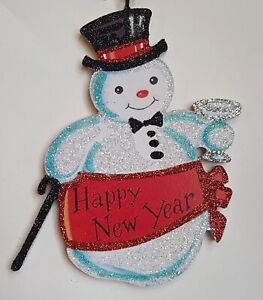 SNOWMAN w COCKTAIL, HAPPY NEW YEAR  * Glitter CHRISTMAS ORNAMENT * Vtg Img