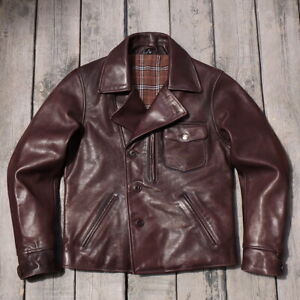 Men Retro Oil Wax Cowhide Cow Leather Biker Jacket Motorcycle Coat Vintage Style