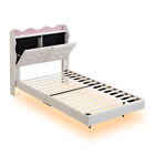 Twin Size Upholstery Platform Bed Frame w/LED Light Strips&2 USB Charging Design