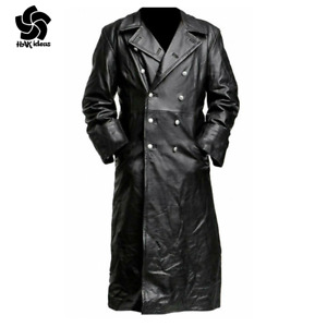MEN'S CLASSIC MILITARY BLACK REAL GENUINE LEATHER GERMAN TRENCH LONG COAT