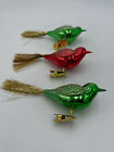 Vintage Set Of 3 Birds w/Glitter Clip On Plastic Christmas Ornaments Green Red