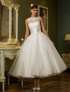 Vintage Short Wedding Dress Sleeveless Tea Length Tulle Applique Bridal GownsHot