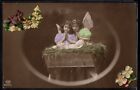 BG195 NATIVITY CUPIDS ANGELS FEATHER WINGS BABY in CRADLE Tinted PHOTO pc EAS