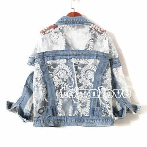 Lady Floral Lace Denim Jacket Coat Embroidery Loose Ripped Tops Outerwear Casual