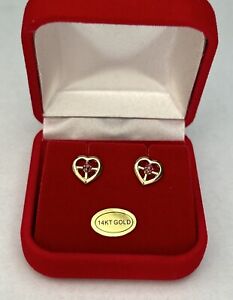 Vtg. 14K Solid Yellow Gold Ruby Stud Heart Earrings TESTED