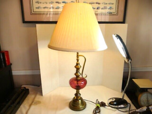 New ListingCRANBERRY SOLID COIN DOT GLASS TABLE LAMP WITH ORNATE BRASS HANDLE AND BASE