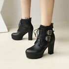 Womens Block High Heels Ankle Boots Buckle Lace Up Round Toe Plus Size Boot Shoe
