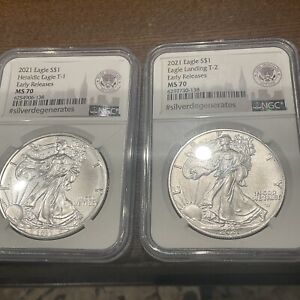 2021 American Silver Eagle NGC MS70 T-1 And T-2 Lot Silver Degenerates 2 Oz .999