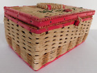 Vintage Wicker SEWING Basket Sewing Box red & beige, red satin lined 10.8