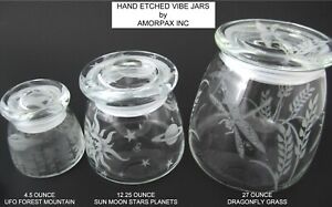 Hand Etched Vibe Storage Jar Sandblasted (Sand Carved) Glass Stash Jars