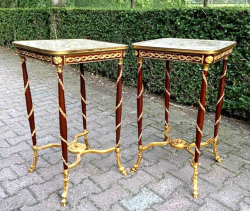 Majestic Pair: Louis XVI Mahogany Side Tables, Bronze Accents, Marble Tops