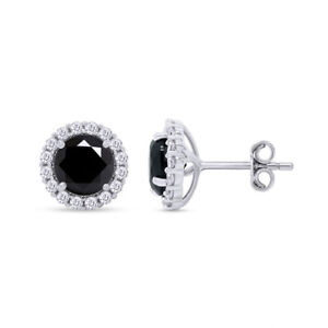 Halo Stud Earrings for Women's Black & White Simulated Diamond Sterling Silver