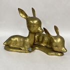 Brass Pair of Baby Fawns Laying Down Figurine 10” x 6.5” Deer Statue Vintage