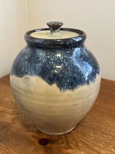 Kings Pottery NC Blue Tan 8” Art Vase Urn with Lid Seagrove North Carolina
