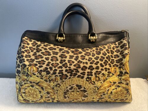 Gianni Versace Barocco Leopard Print Boston Bag Tote Purse