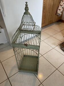 Vintage Shabby Chic Sage Green Metal Bird Cage Or Decor 32.5” Tall