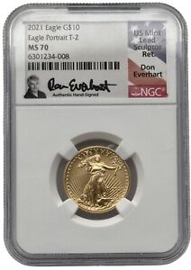 2021 1/4 oz $10 Gold American Eagle T-2 NGC MS70 Don Everhart Hand Signed Rare