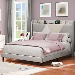 Queen Size Upholstered Platform Bed Frame with Storage Linen Headboard + Outlets