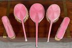 Vintage Art Deco 1920s Pink Guilloche Enamel Brush and Mirror Dressing Table Set