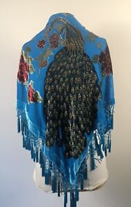 Gorgeous Oversized 41x41” Peacock Floral Burned Out Velvet Beaded Shawl Scarf