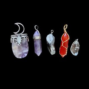 Natural Crystal Gemstone Pendants Lot Of 5 Amethyst Obsidian Healing Stones
