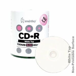 100 Smartbuy CD-R 52X 700MB/80Min White Top Blank Media Recording Disc