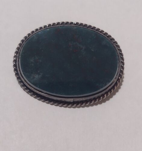 Vintage Deep Green Marble Oval Pin Brooch Sterling Silver Rope Border