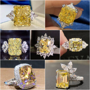 925 Silver Plated Ring Yellow Cubic Zircon Women Engagement Jewelry Sz 6-10