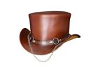 Top Hat Brown Leather Hat Ring Chain Band Gothic Hat Men Top Hat Steampunk Hat