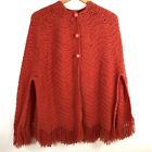 VINTAGE 70s Hand Knit Fringed Poncho Salmon Pink Orange Small/Medium Buttons